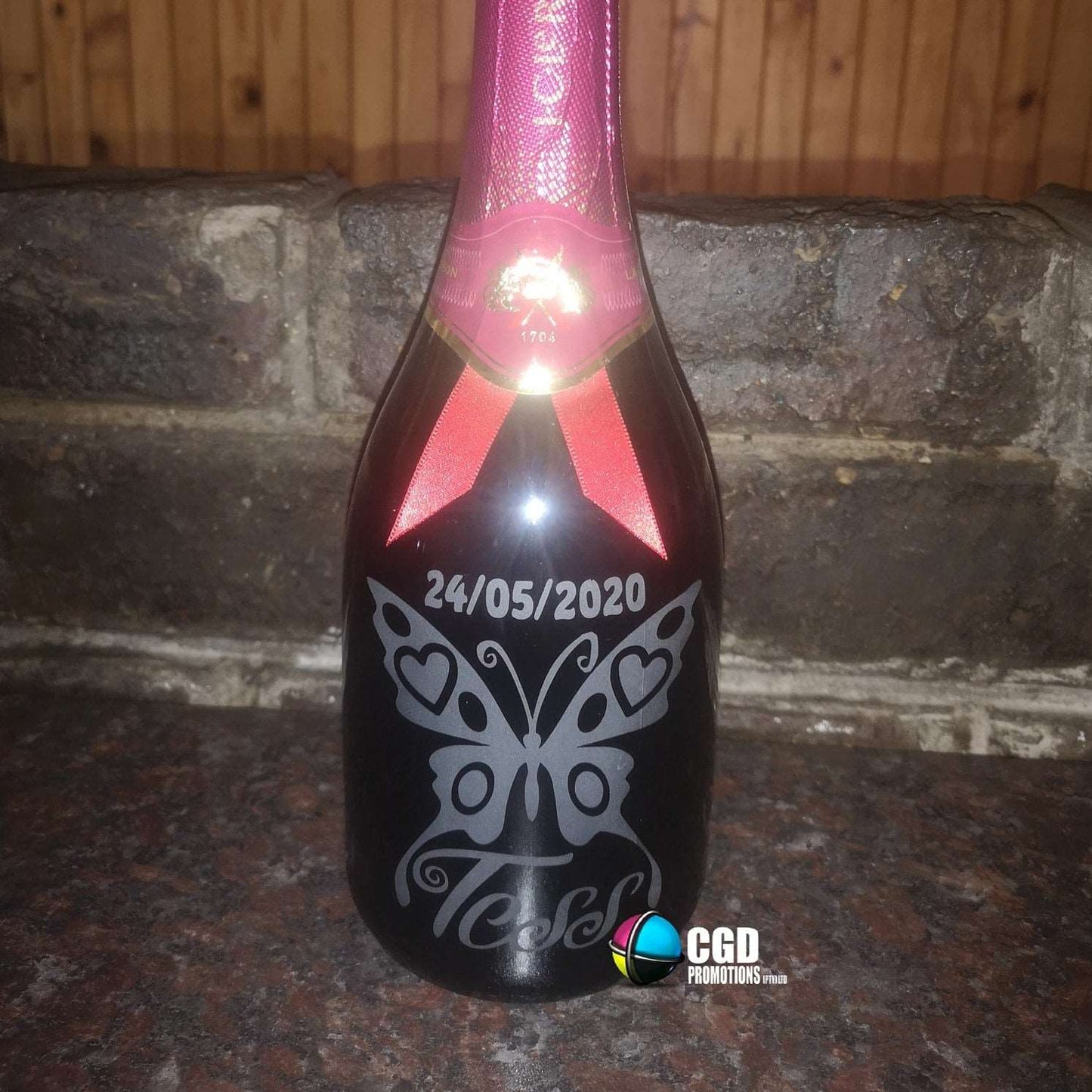 Personalized Sandblasted Birthday Champagne Bottle – Butterfly Design, Custom Name & Age