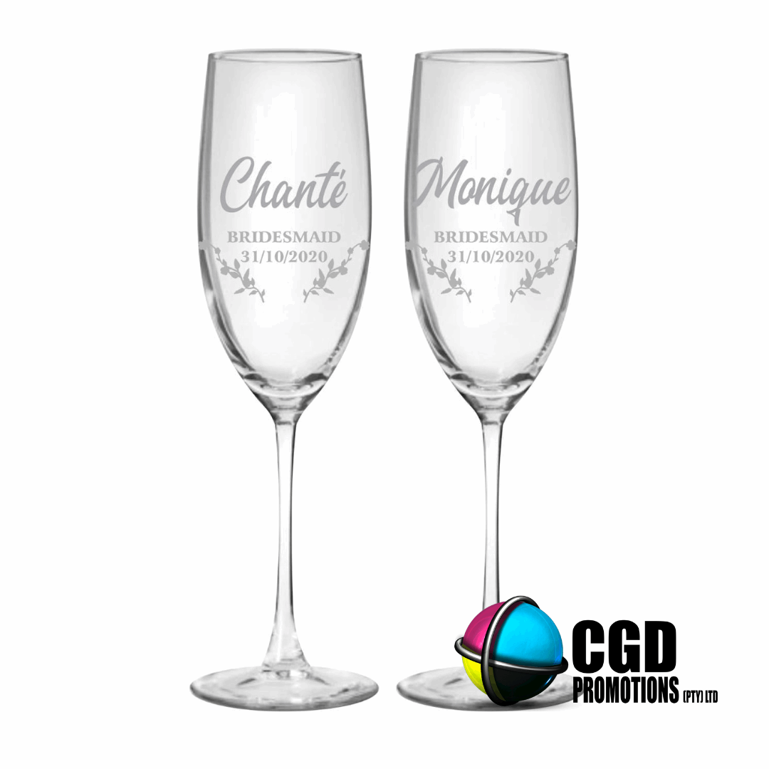 Elegant Personalized Bridal Party Champagne Glasses – Floral Sandblasted Design & Custom Names