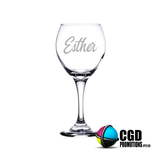 Personalized sandblasted wine glass engraved with custom name, elegant custom wine glass gift