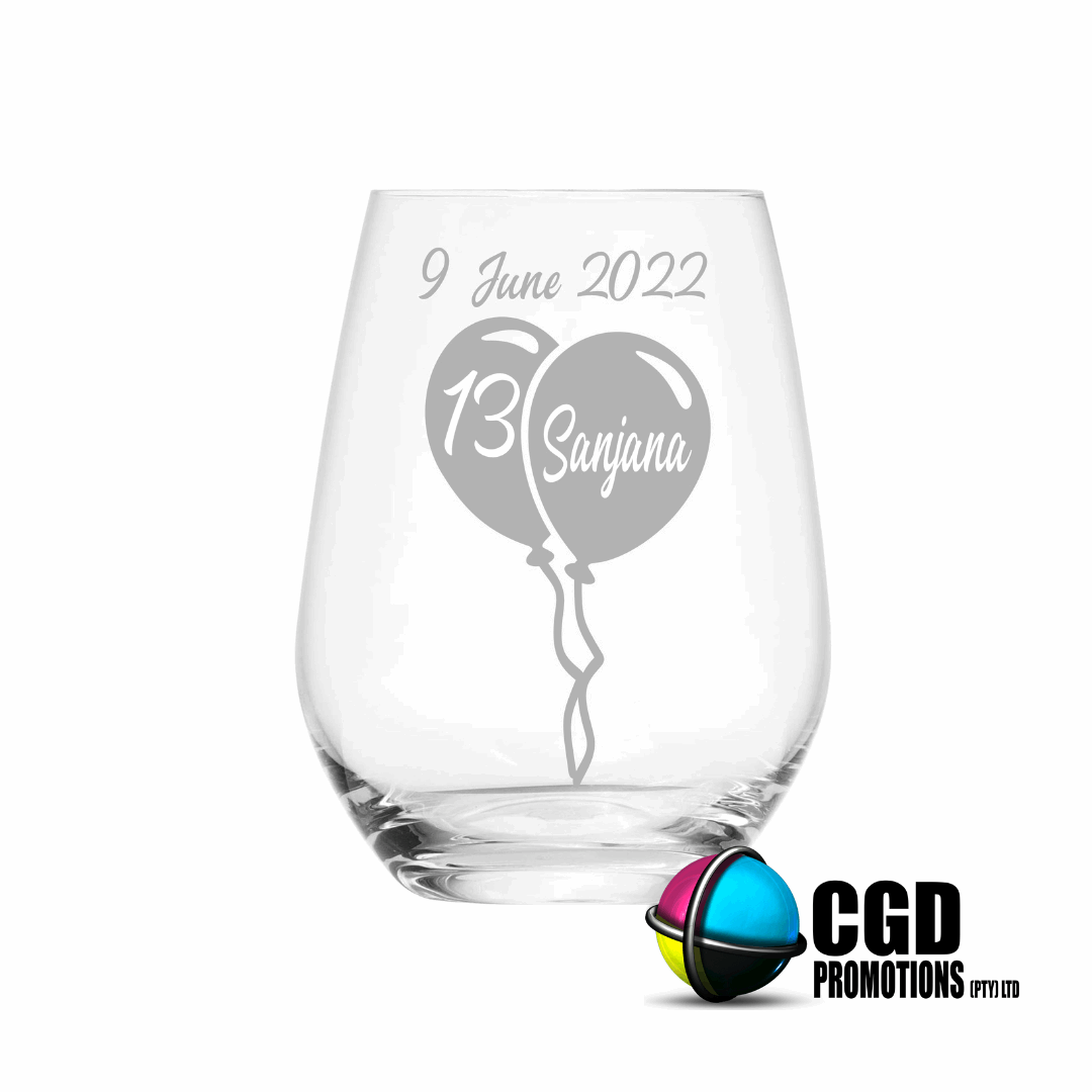 Personalized birthday stemless wine glass with balloon design, custom name, age, and date