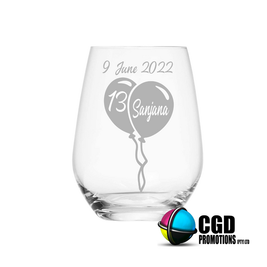 Personalized birthday stemless wine glass with balloon design, custom name, age, and date