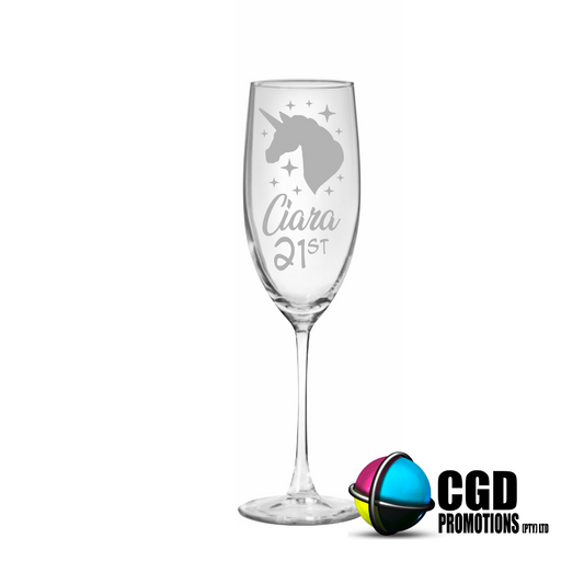 Personalized unicorn birthday flute glass with custom name and age, magical birthday celebration glass