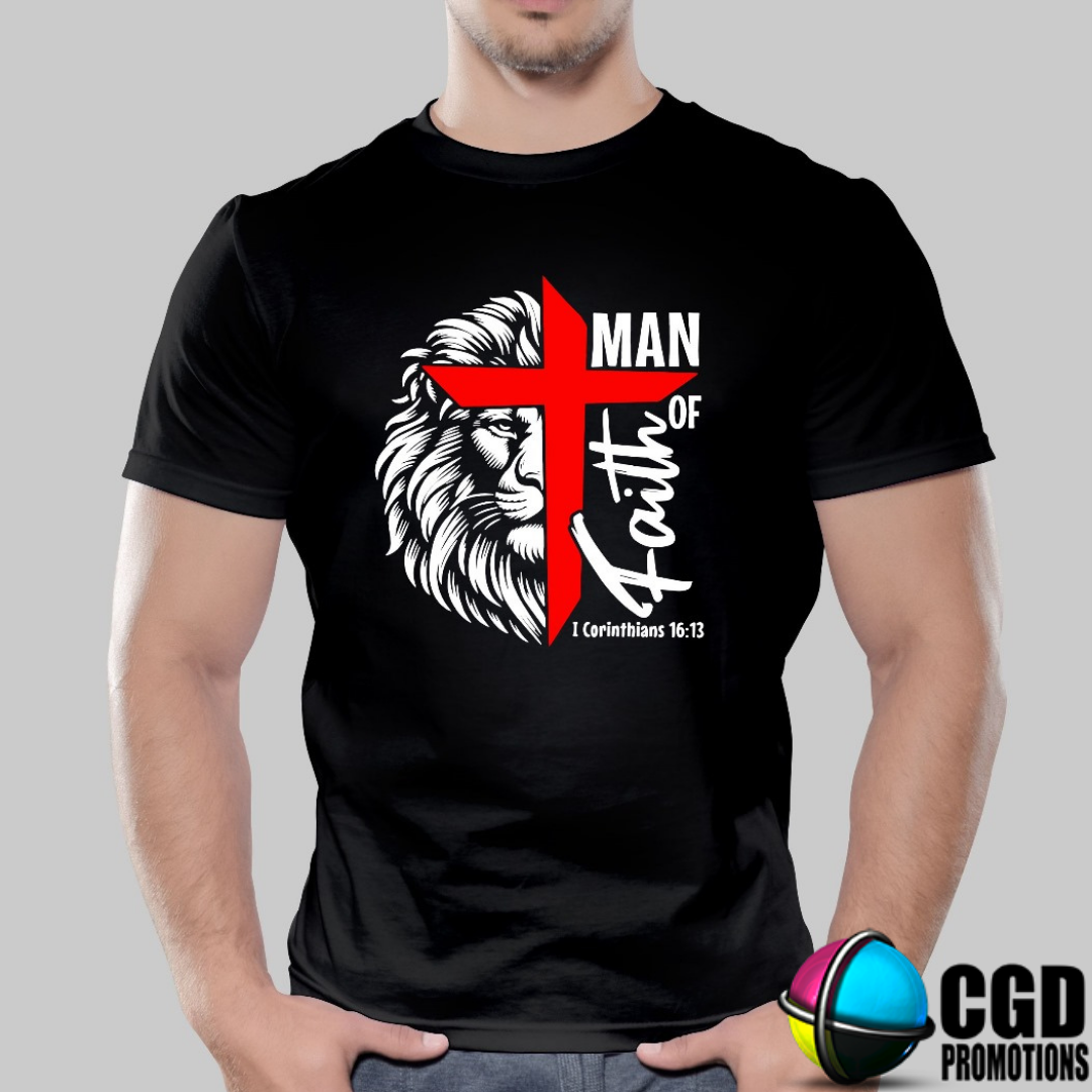 Man of Faith 1 Corinthians 16:13 Lion Face with Red Cross Adult Printed Shirt (Faith Based)