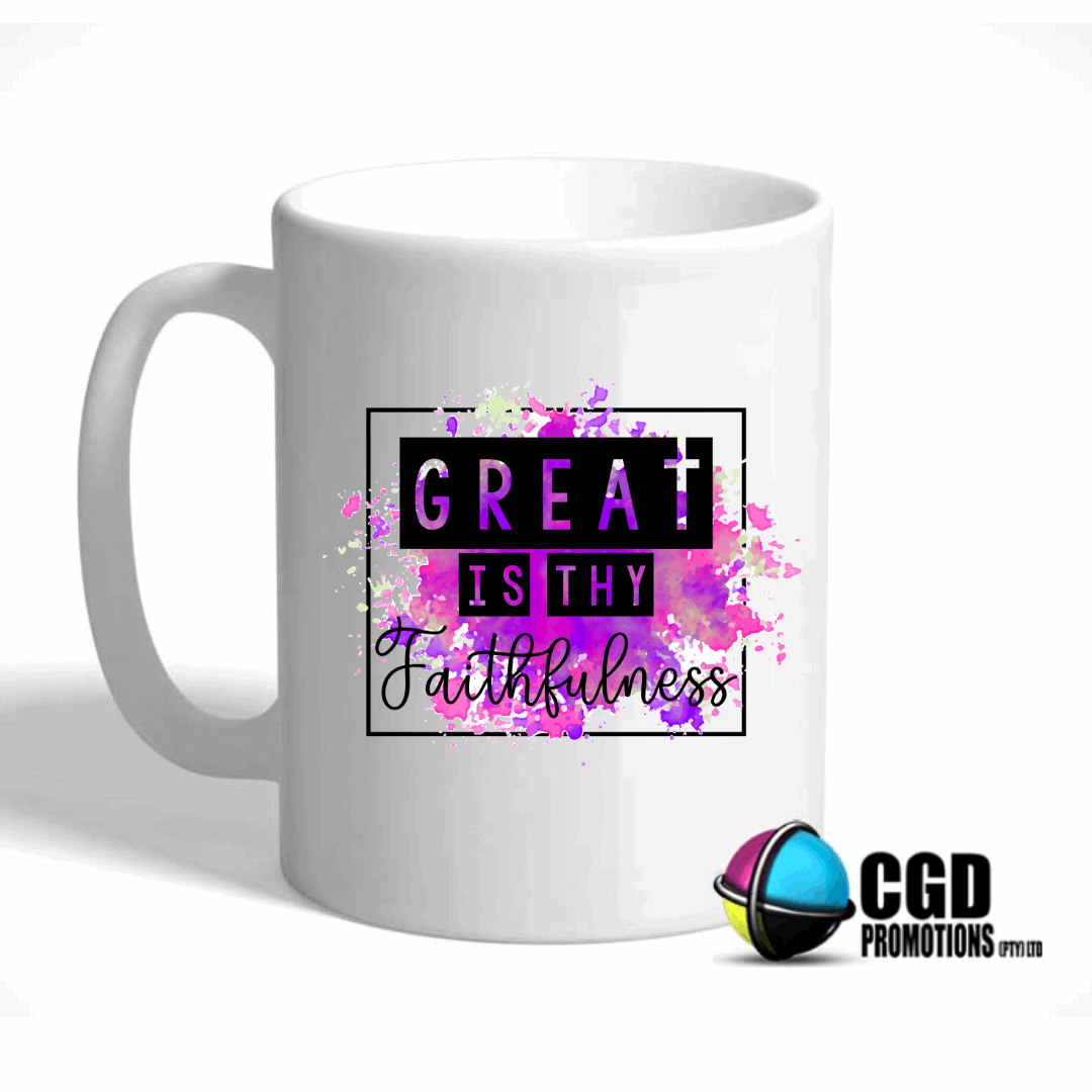 Great Is Thy Faithfulness faith-based ceramic mug with colourful scripture print – ideal Christian gift in South Africa