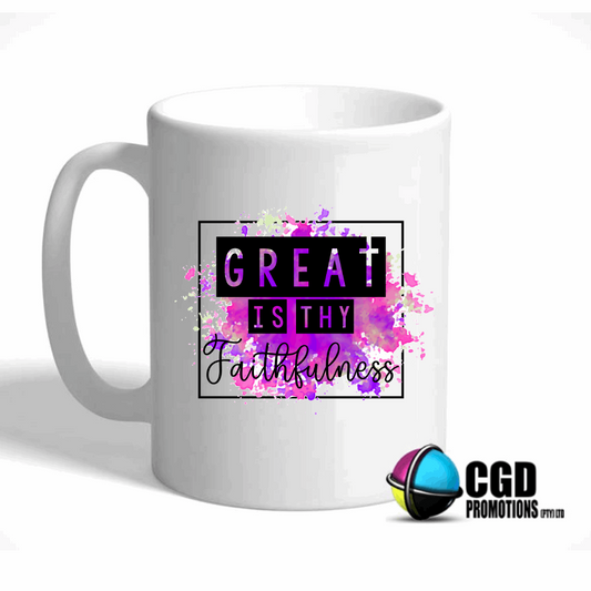 Great Is Thy Faithfulness faith-based ceramic mug with colourful scripture print – ideal Christian gift in South Africa