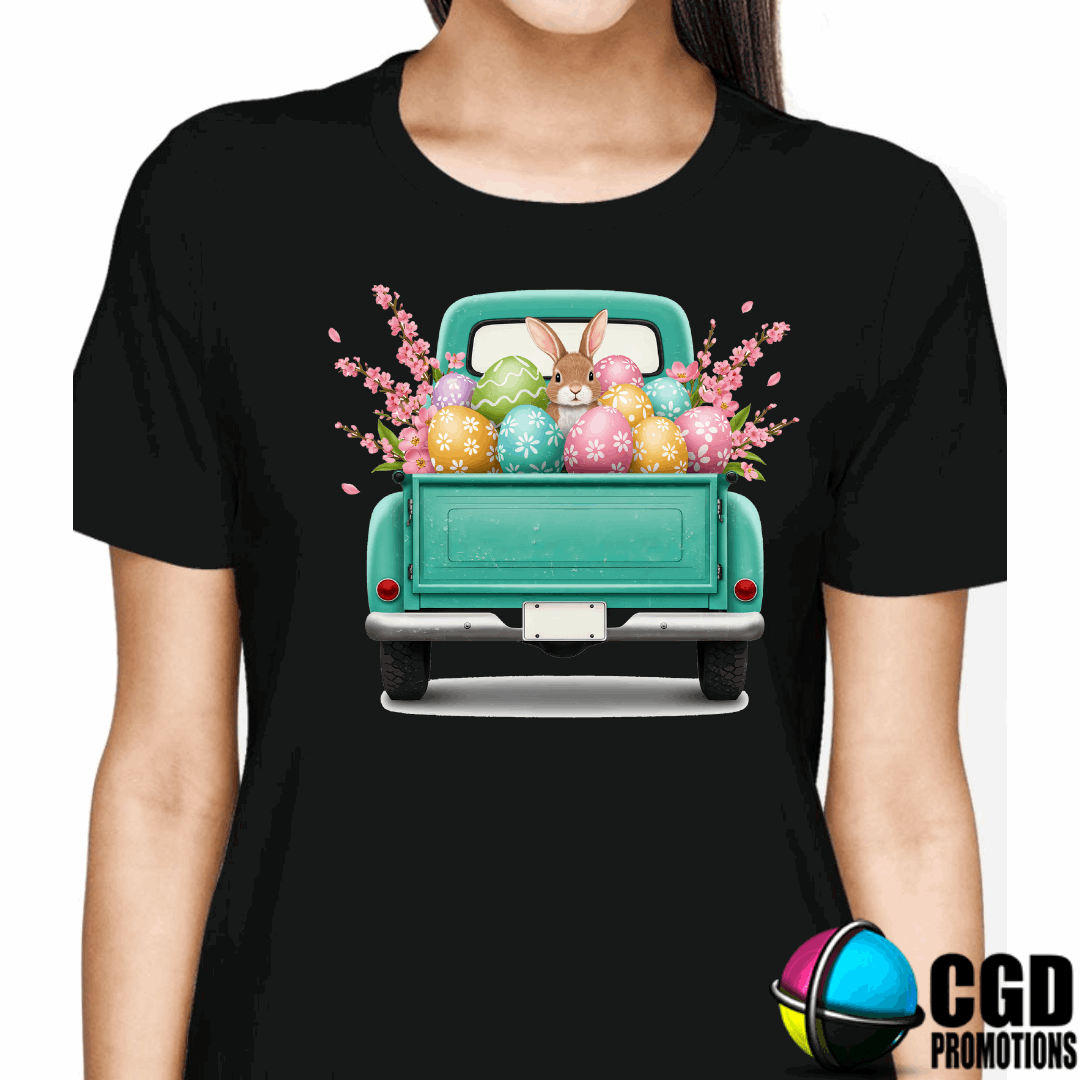 Bunny Easter Truck and Eggs Adult & Kids Easter Printed Shirts - Unisex, Ladies fitted & Kids