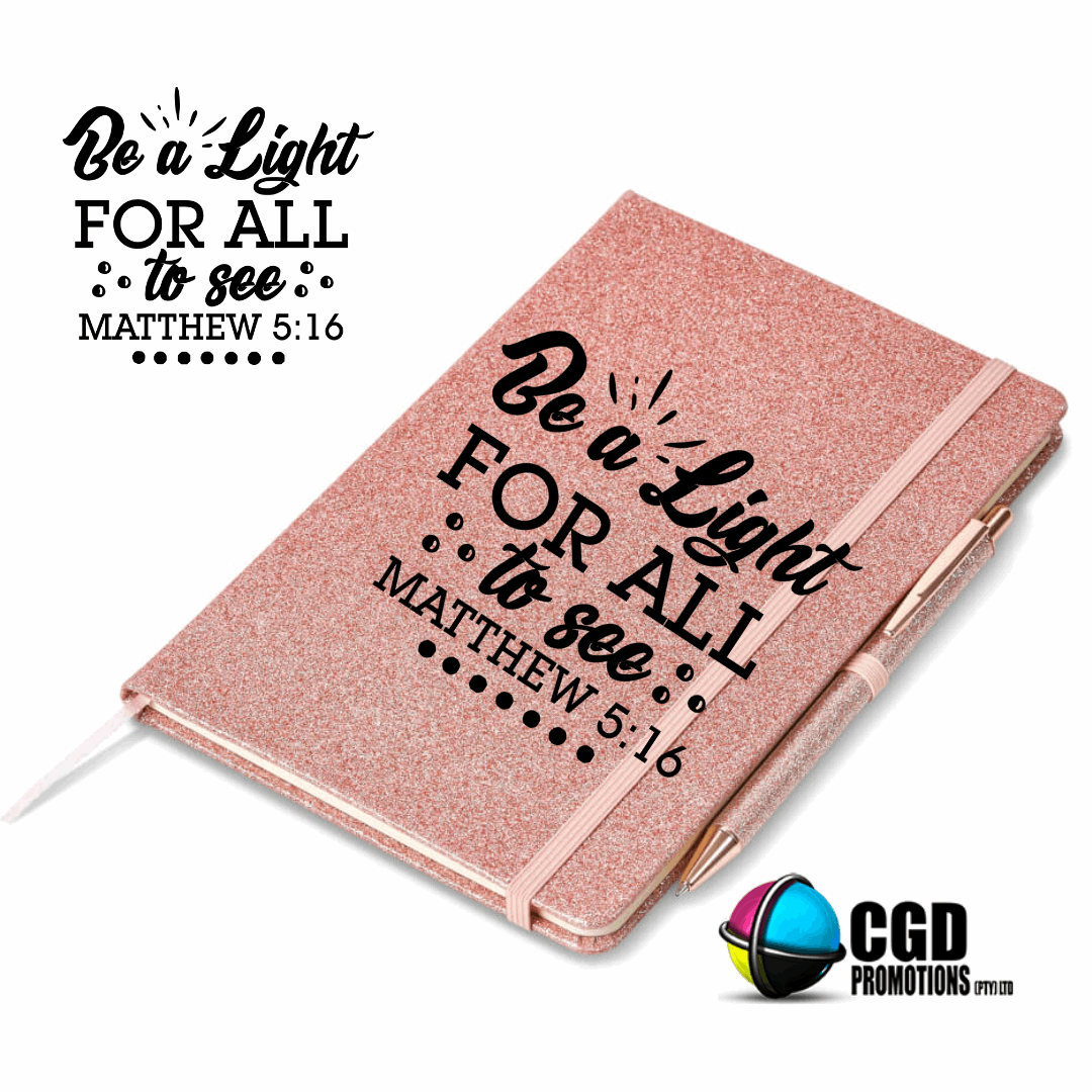 Be a Light for All to see Matthew 5:16 Rose Gold A5 Hard Cover Notebook with pen ((Faith Based))