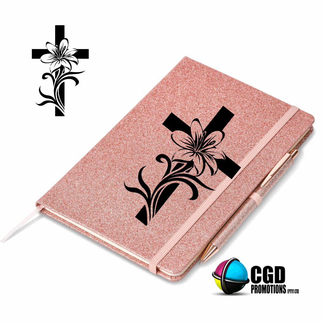Cross with Floral Design Rose Gold A5 Hard Cover Notebook with pen ((Faith Based))