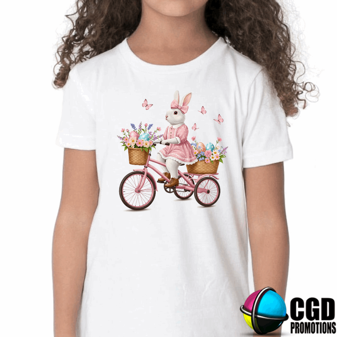 Vintage Bunny in pink dress riding bicycle Kids Easter Printed Shirts