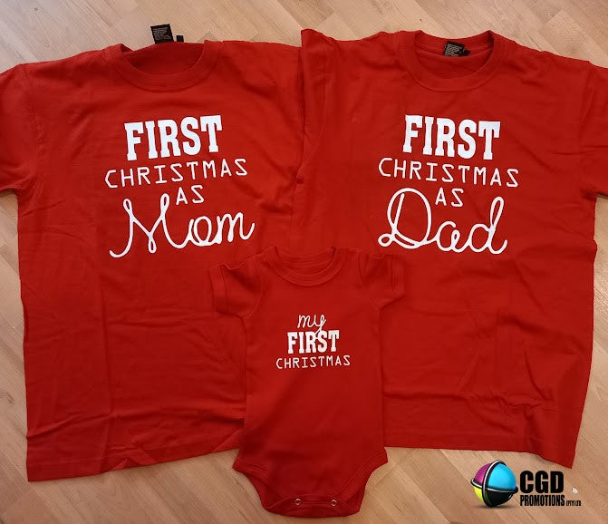 š My First Christmas as Mom & Dad ā Red Family of 3 Matching Shirts + Baby Grow
