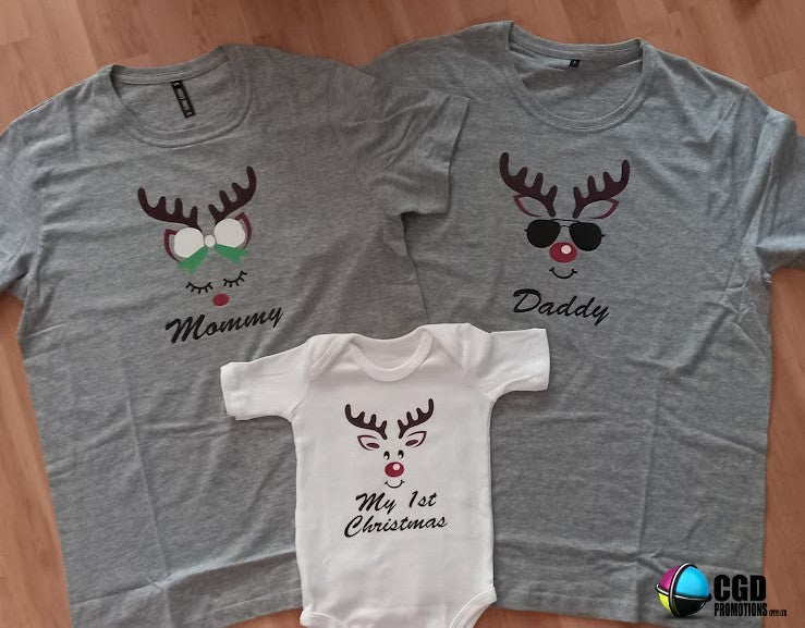 🎄 My First Christmas Reindeer Family Matching Shirts – Family of 3 + Baby Grow
