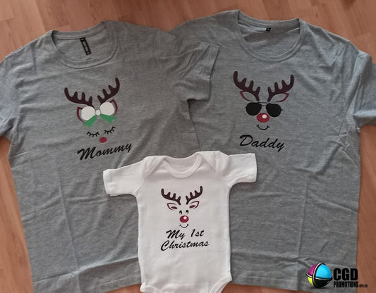 My First Christmas Reindeer Family of 3 Shirts (1x baby grow option)