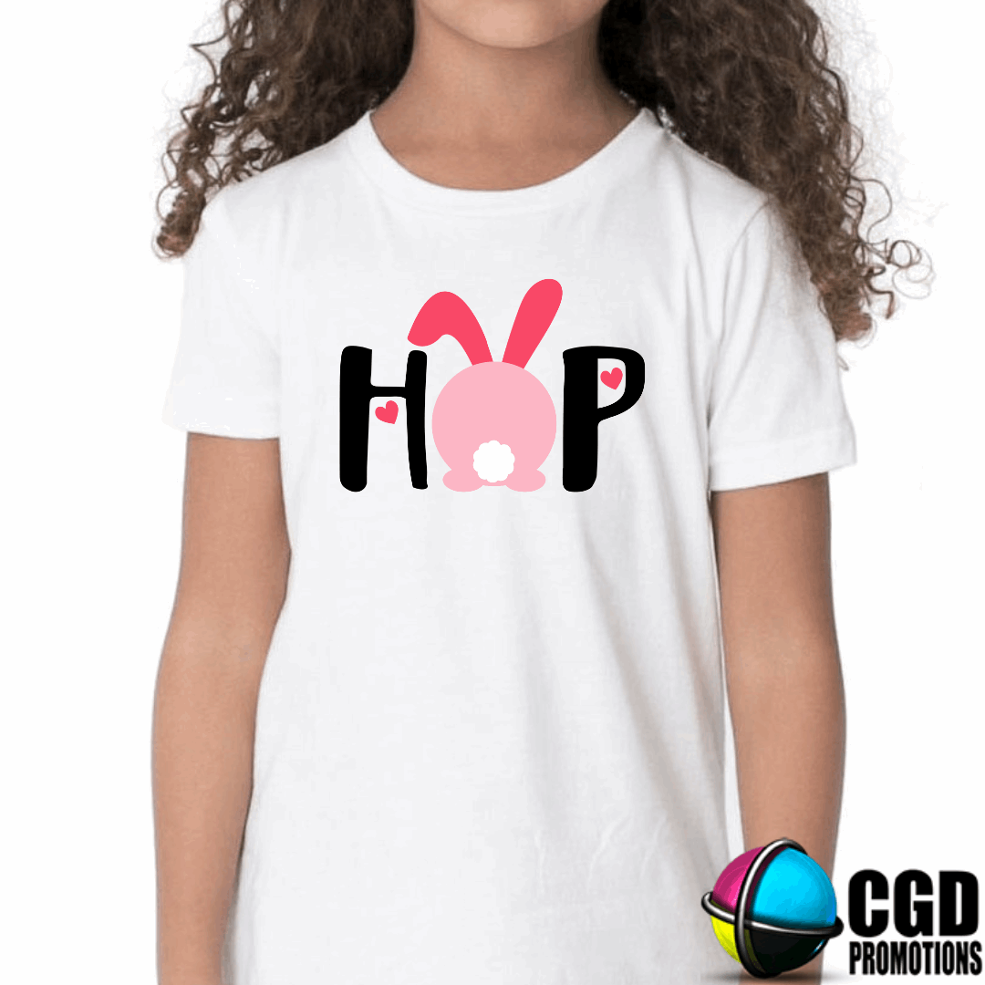 HOP with pink bunny tail Kids Girls Easter Printed Shirts