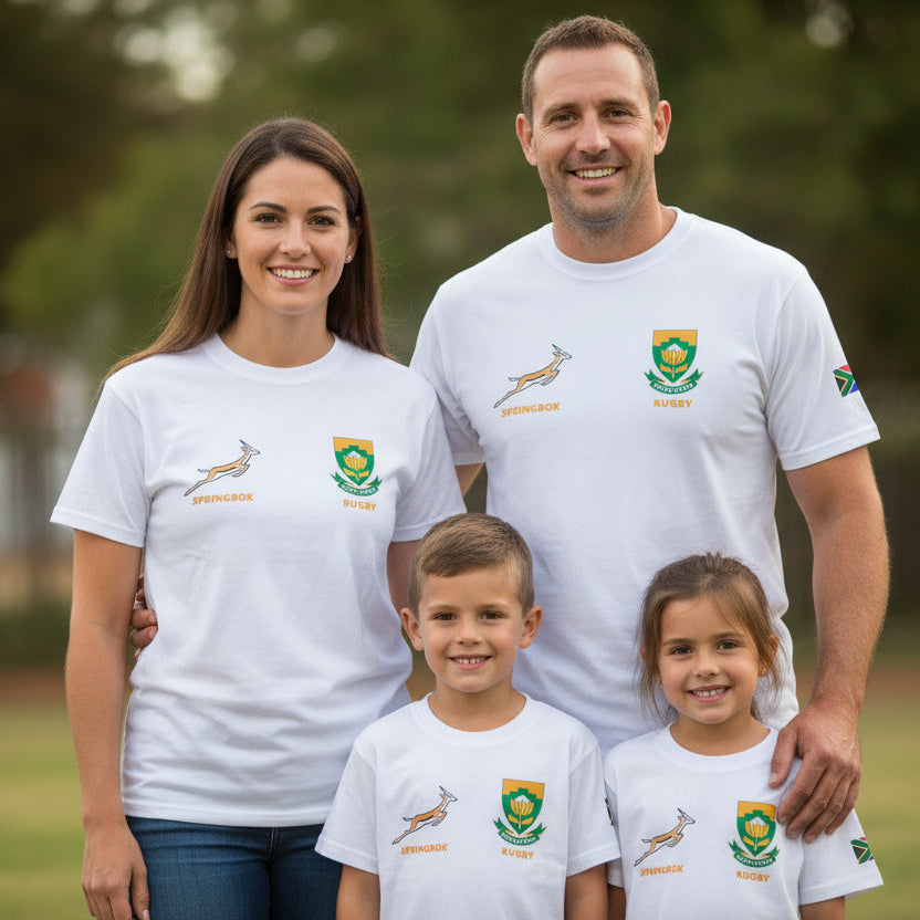 Springbok Supporter Rugby Shirt – Personalized Name – Matching Family Heritage Shirts – CGD Promotions