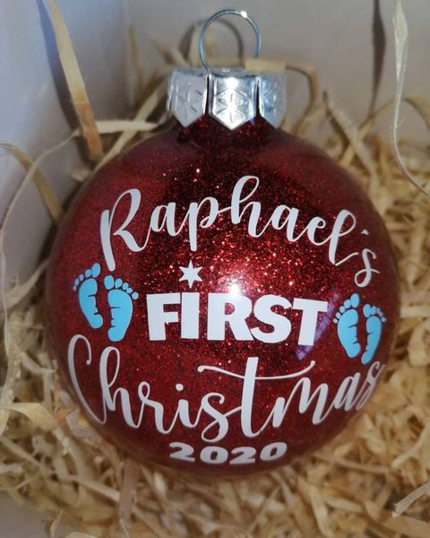 "Glitter 8cm My First Christmas Red Bauble with Pink Feet"