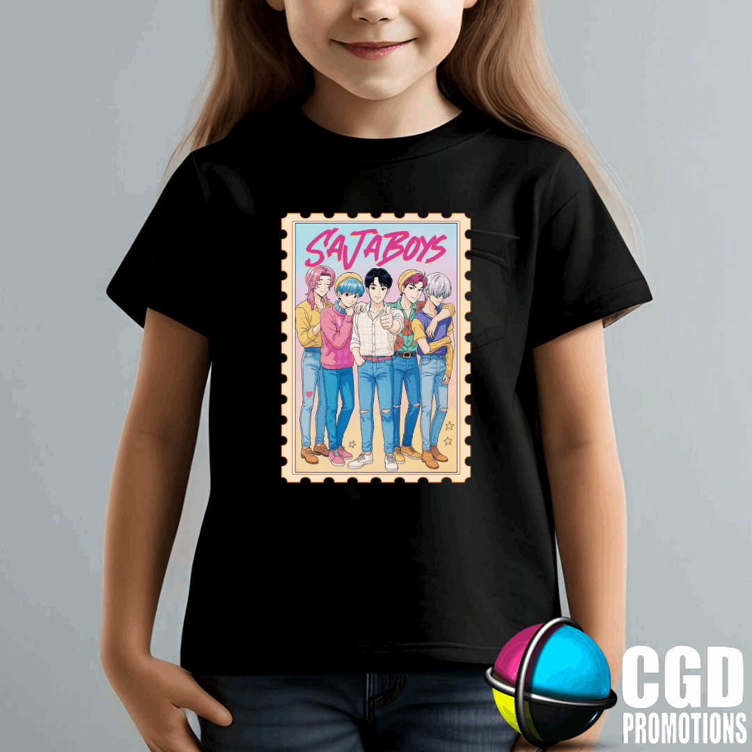 "Model wearing K-pop Demon Hunter inspired shirt"