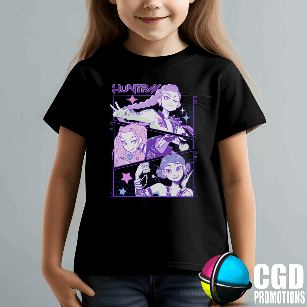 Child wearing a black t-shirt with a graphic design, standing against a gray huntrix characters background.