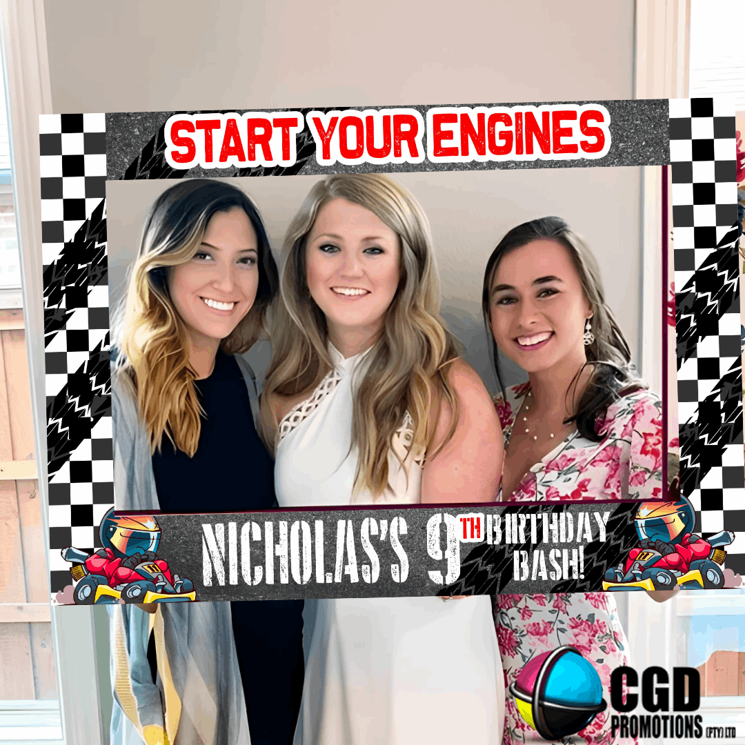 Personalized Start Your Engines race car party decoration, perfect for birthdays and photobooth fun