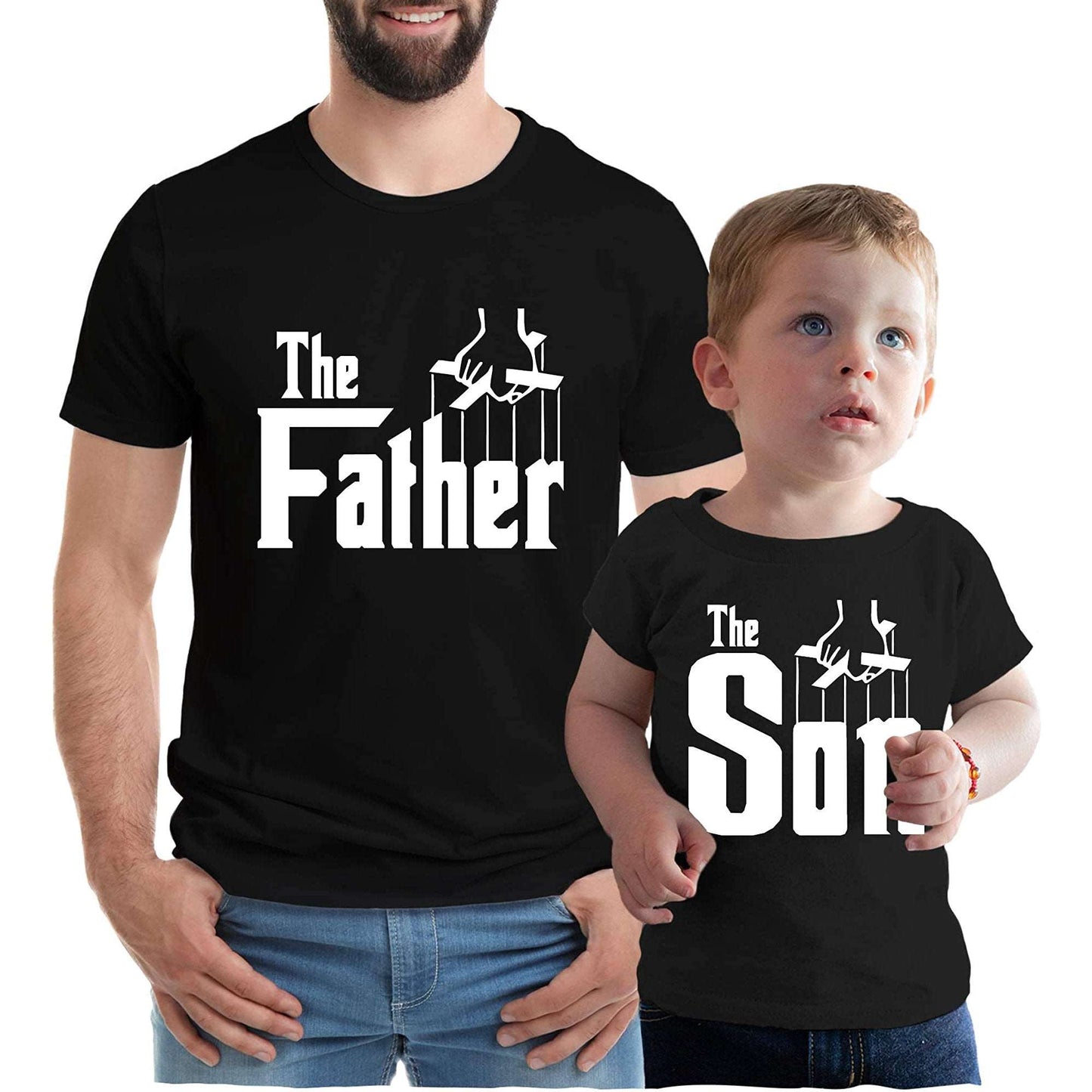 “Dad and son wearing matching ‘The Father’ and ‘The Son’ t-shirts – unisex adult and kids tee set”