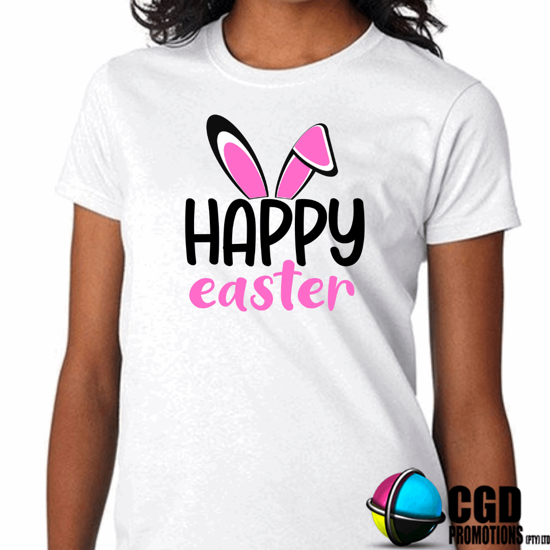 Happy Easter withpink ears & feet Adult & Kids Easter Printed Shirts - Unisex, Ladies fitted & Kids