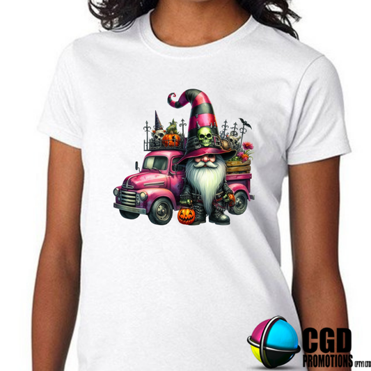 Pink Halloween Gnome with Pumkin & Truck Halloween T-shirts Adult Printed Shirt - Unisex & Ladies Fitted