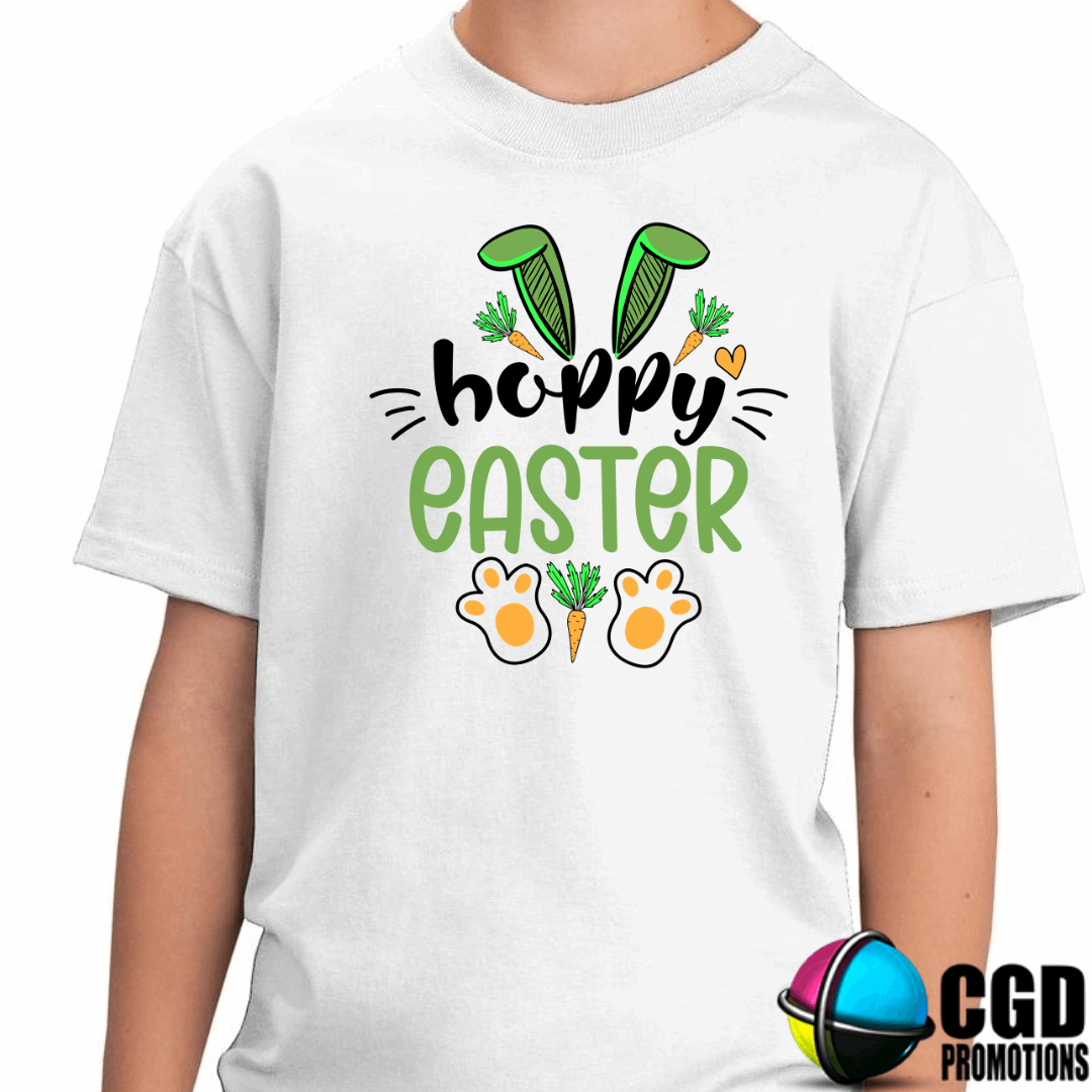Happy Hoppy Easter with green ears & feet Adult & Kids Easter Printed Shirts - Unisex, Ladies fitted & Kids