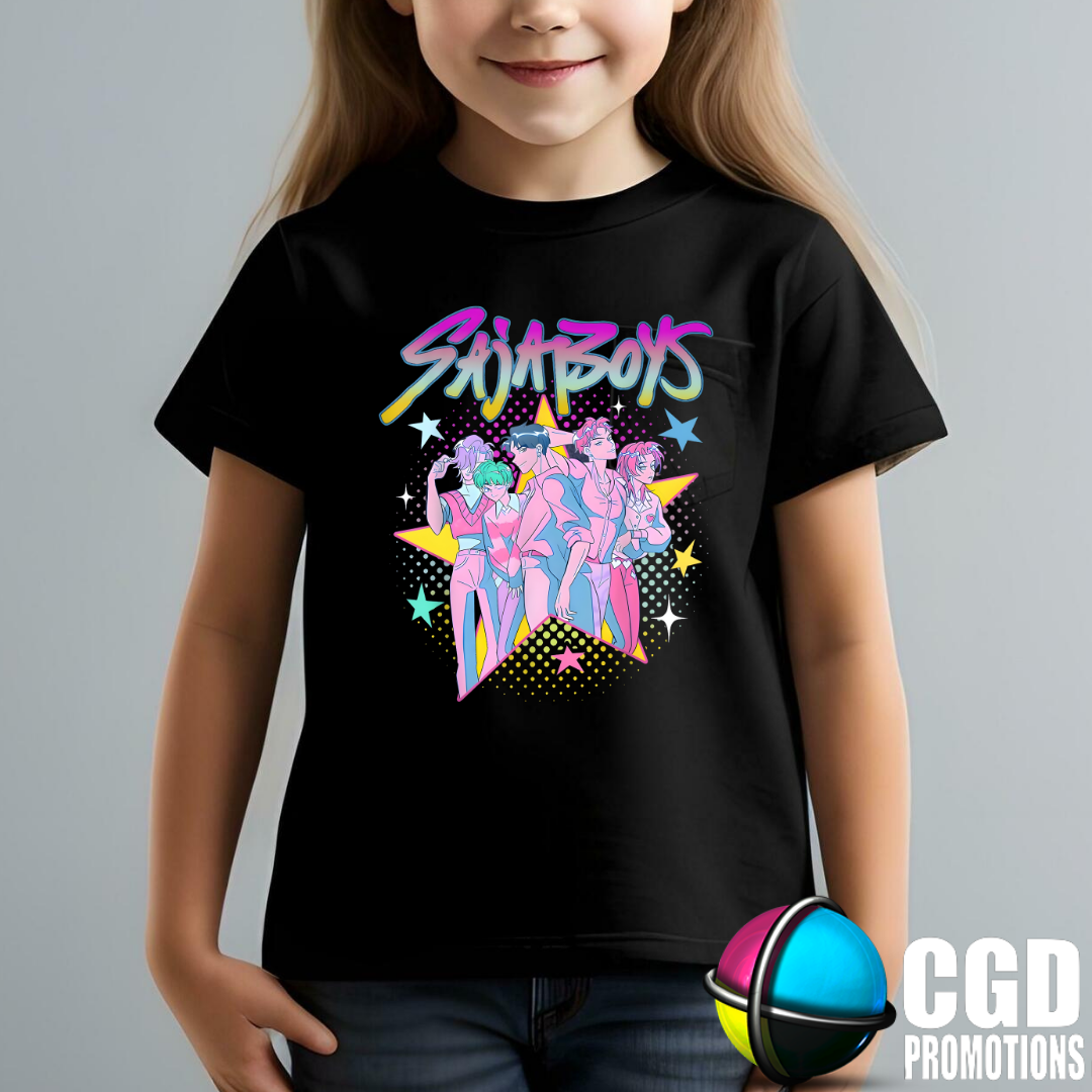 "Model wearing K-pop Demon Hunter inspired shirt" saja boys