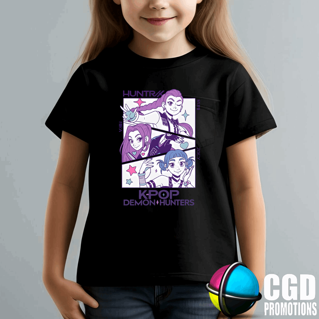 "Model wearing K-pop Demon Hunter inspired t-shirt"