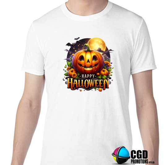 Happy Halloween with Pumpkin in Meadow, Bats and Full moon Halloween Adult Printed Shirt