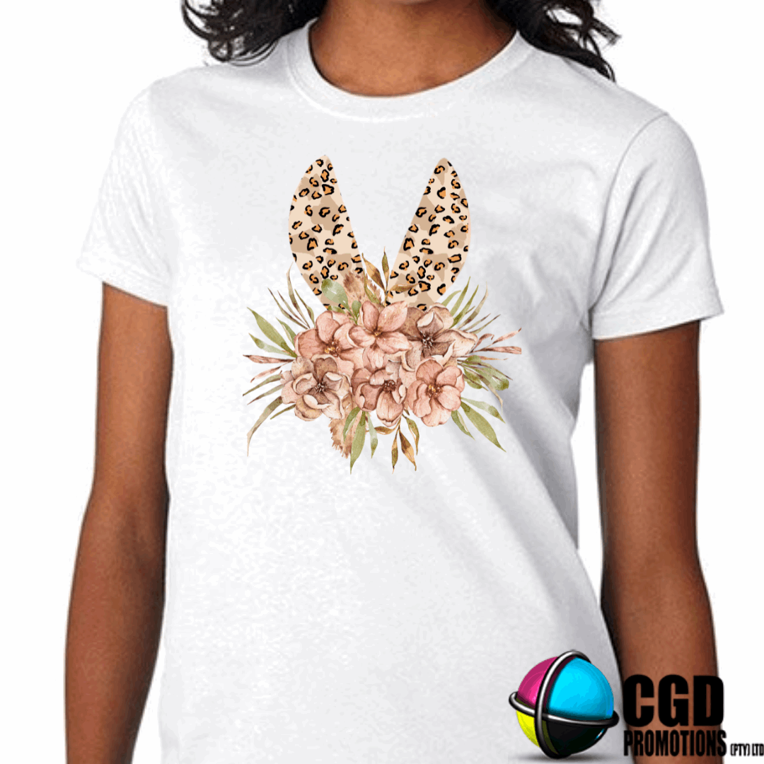 Bunny Ears Leopard Print with boho themed flowers Adult & Kids Easter Printed Shirts - Unisex, Ladies fitted & Kids
