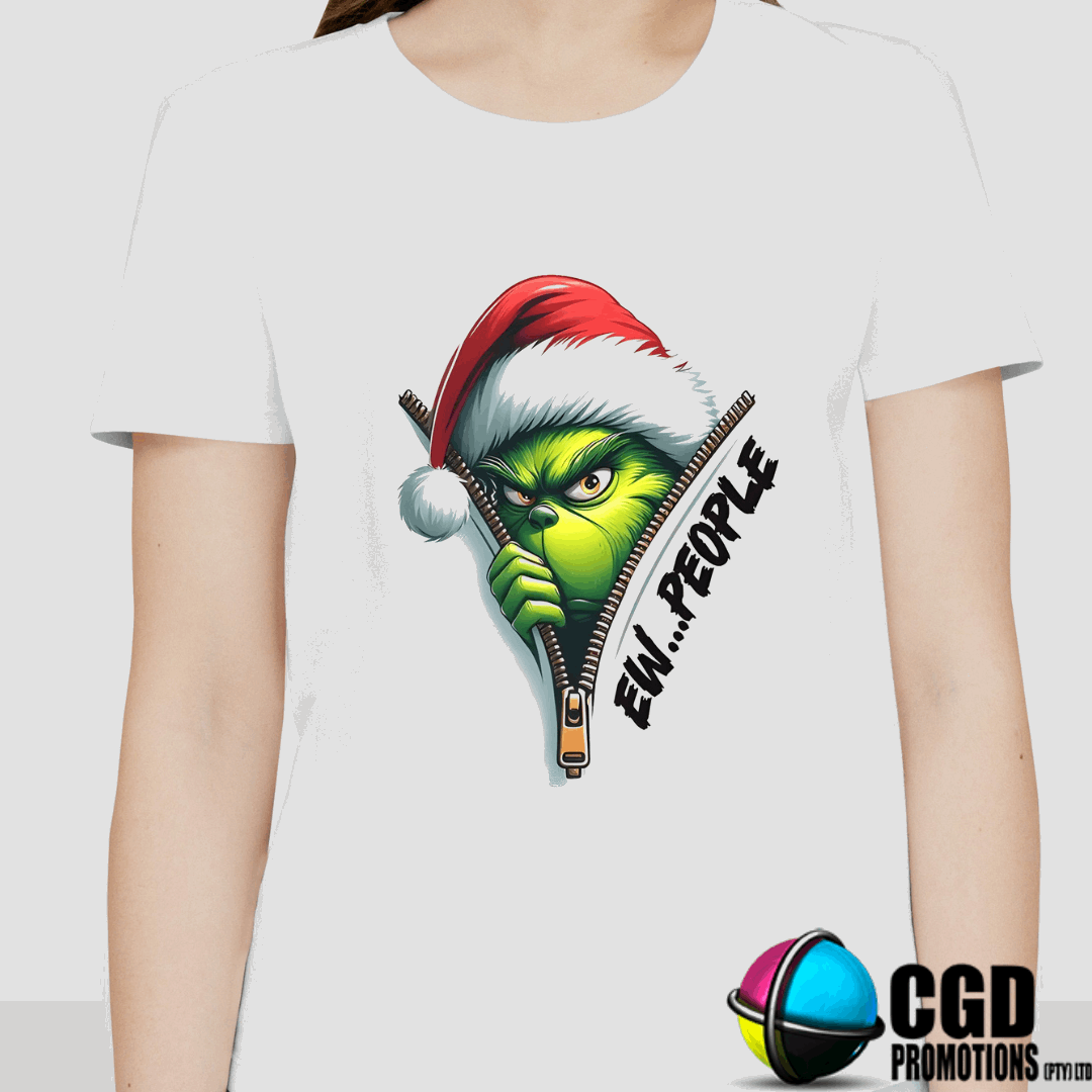 “Family wearing Grinch ‘Ew People’ matching Christmas shirts in unisex, ladies fitted & kids sizes”