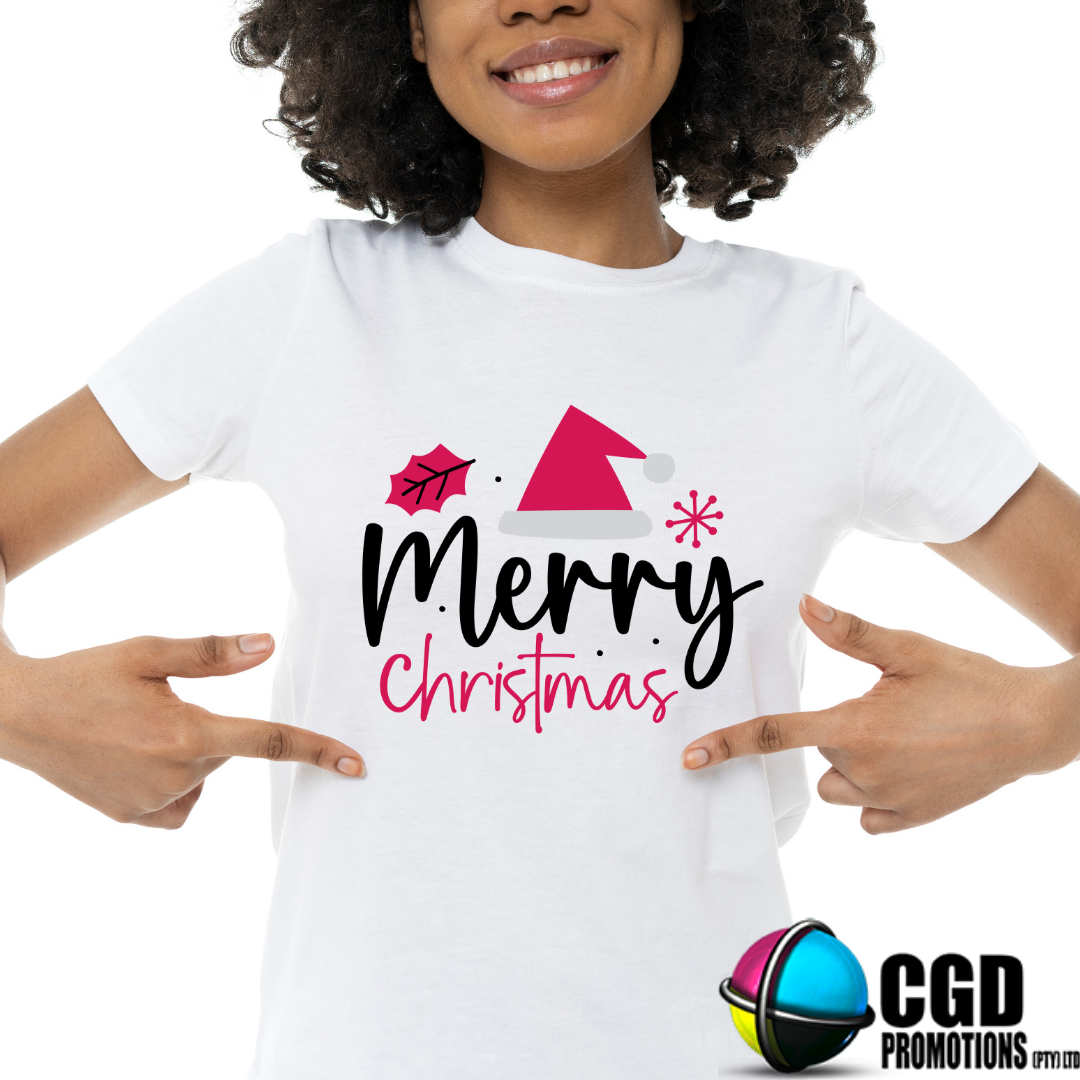 Merry Christmas Pink Santa Hat Printed Shirt for the Whole Family - Matching Unisex, Ladies Fitted & Kids