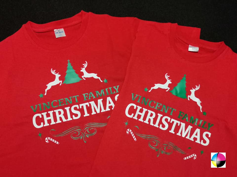 “Family of four wearing personalized Vincent Family Christmas matching shirts – adult unisex, ladies fitted, and kids tees”