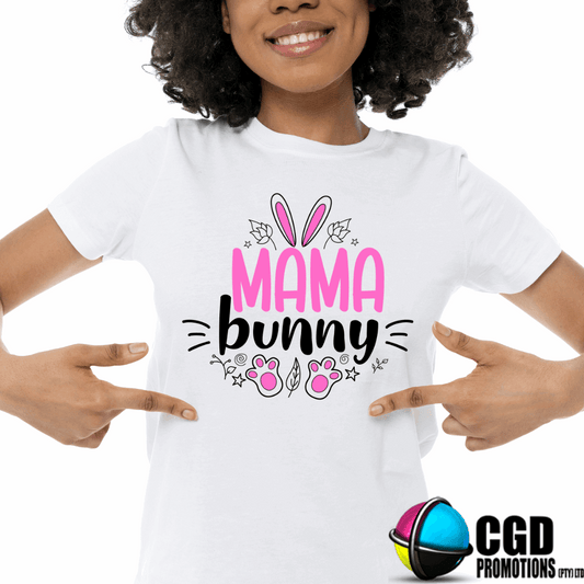 Mama Bunny with pink ears and feet Adult Easter Printed Shirts - Unisex, Ladies fitted