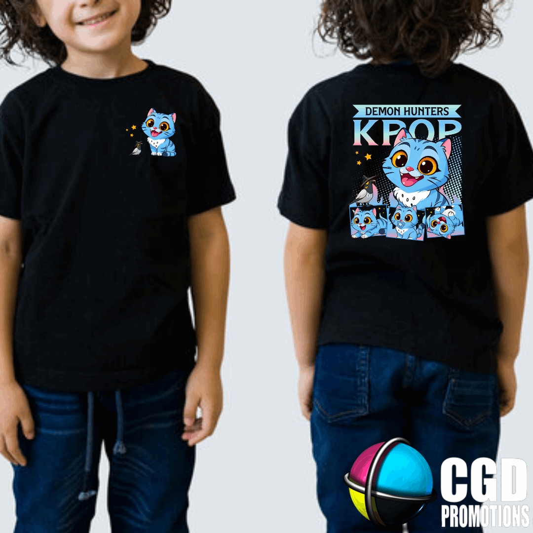K-Pop Cute Blue Baby Cat Character Inspired Printed Kids Shirt (front and back print)