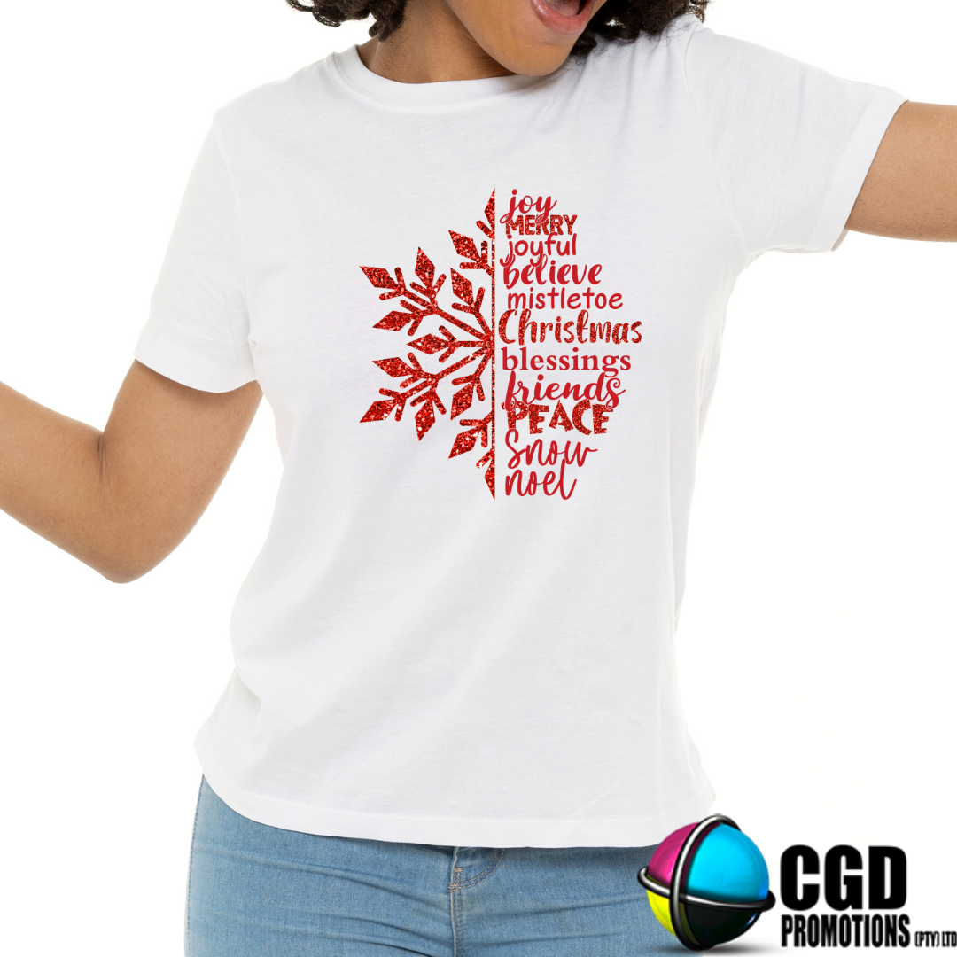 Red Snowflake Joy Merry joyful believe mistletoe christmas belsssing friends peace snow nwoel Chrismtas Adult Christms Printed Shirt - Unisex Mens & Ladies Fitted