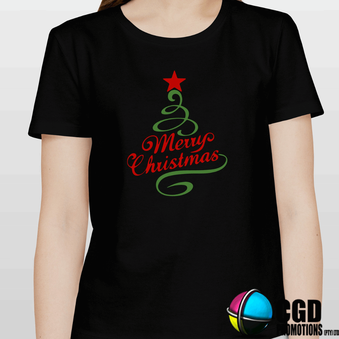 Merry Christmas with Green Swirl Tree and Red Star - Christmas Printed Shirt for the Whole Family - Matching Unisex, Ladies Fitted & Kids