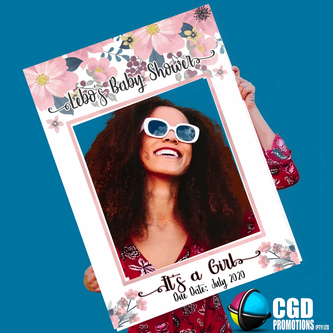 Pink floral its a girl baby shower selfie frame with It’s a Girl design”