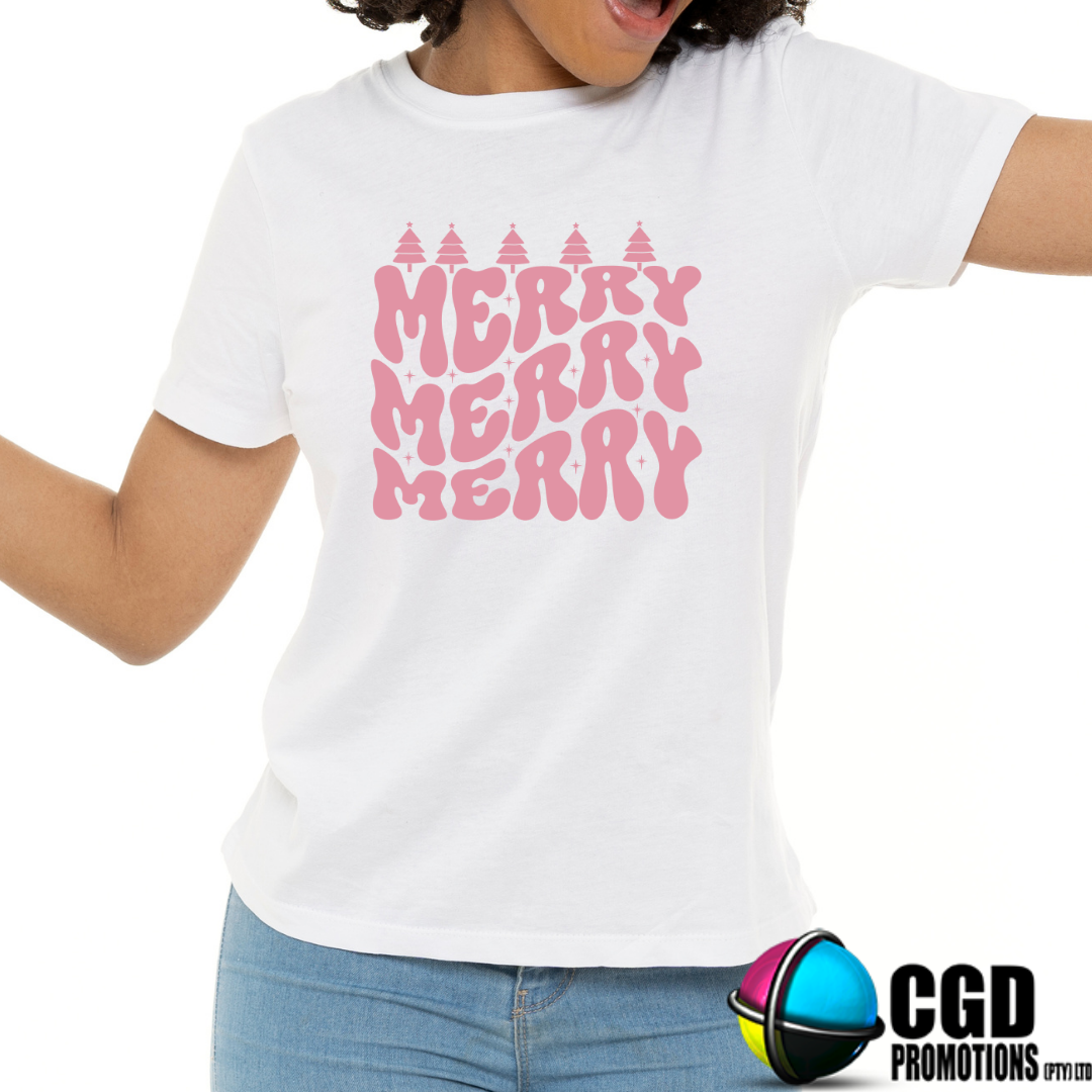 Merry Merry Merry Pink Adult Christms Printed Shirt - Unisex Mens & Ladies Fitted