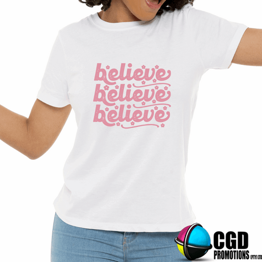 Believe Believe Believe Pink Adult Christms Printed Shirt - Unisex Mens & Ladies Fitted