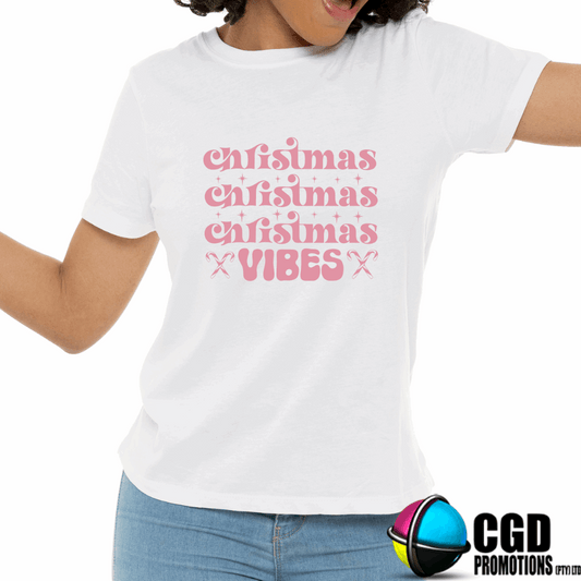 Christmas Christmas Christmas Vibes Pink Print Adult Christms Printed Shirt - Unisex Mens & Ladies Fitted