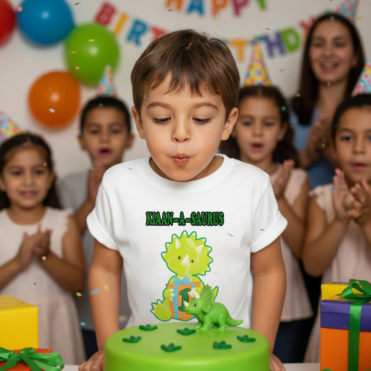 Child wearing Dino Saurus first birthday shirt at birthday party celebration
