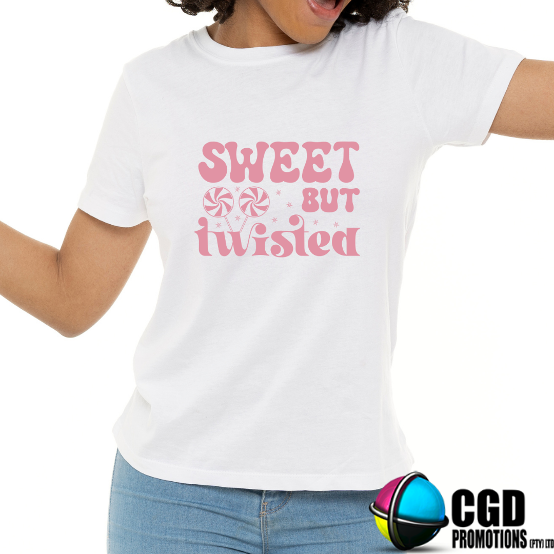 Sweet But Twisted Pink Printed Wording Print Adult Christms Printed Shirt - Unisex Mens & Ladies Fitted