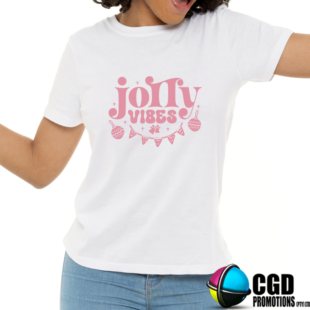 Jolly Vibes Pink Printed Wording Print Adult Christms Printed Shirt - Unisex Mens & Ladies Fitted