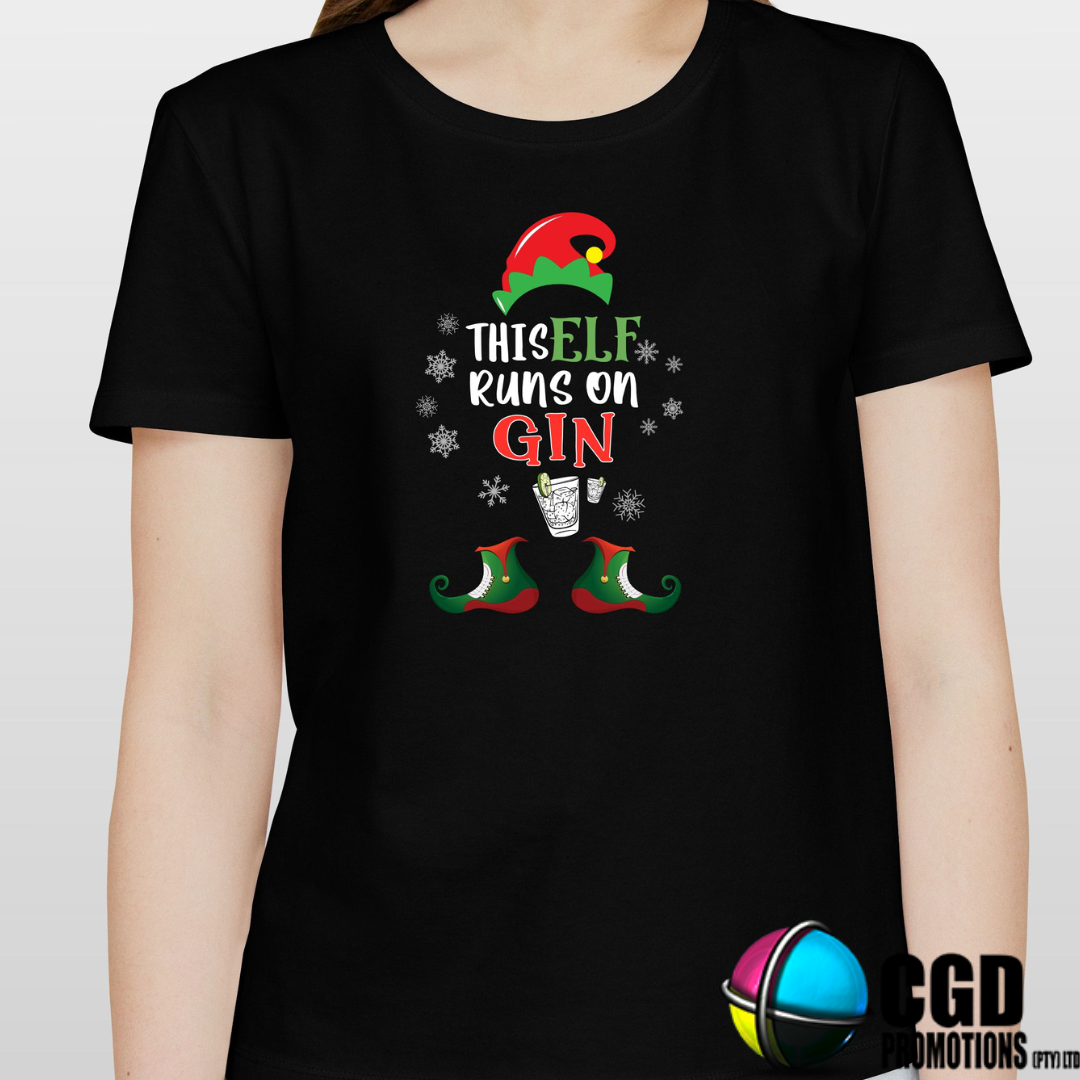 This Elf Runs on Gin Christmas Printed Shirt - Adult unisex, ladies fitted