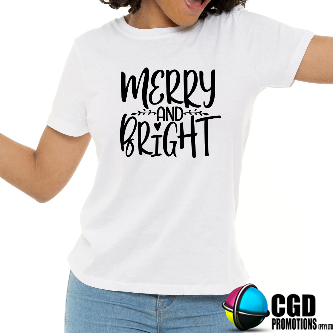 Merry and Bright Christmas Adult Christms Printed Shirt - Unisex Mens & Ladies Fitted