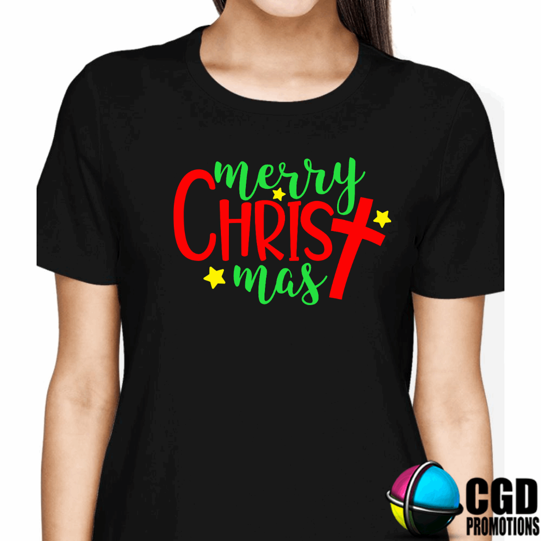 Merry ChrisT mas with Cross - Christmas Printed Shirt for the Whole Family - Matching Unisex, Ladies Fitted & Kids (Faith-Based)