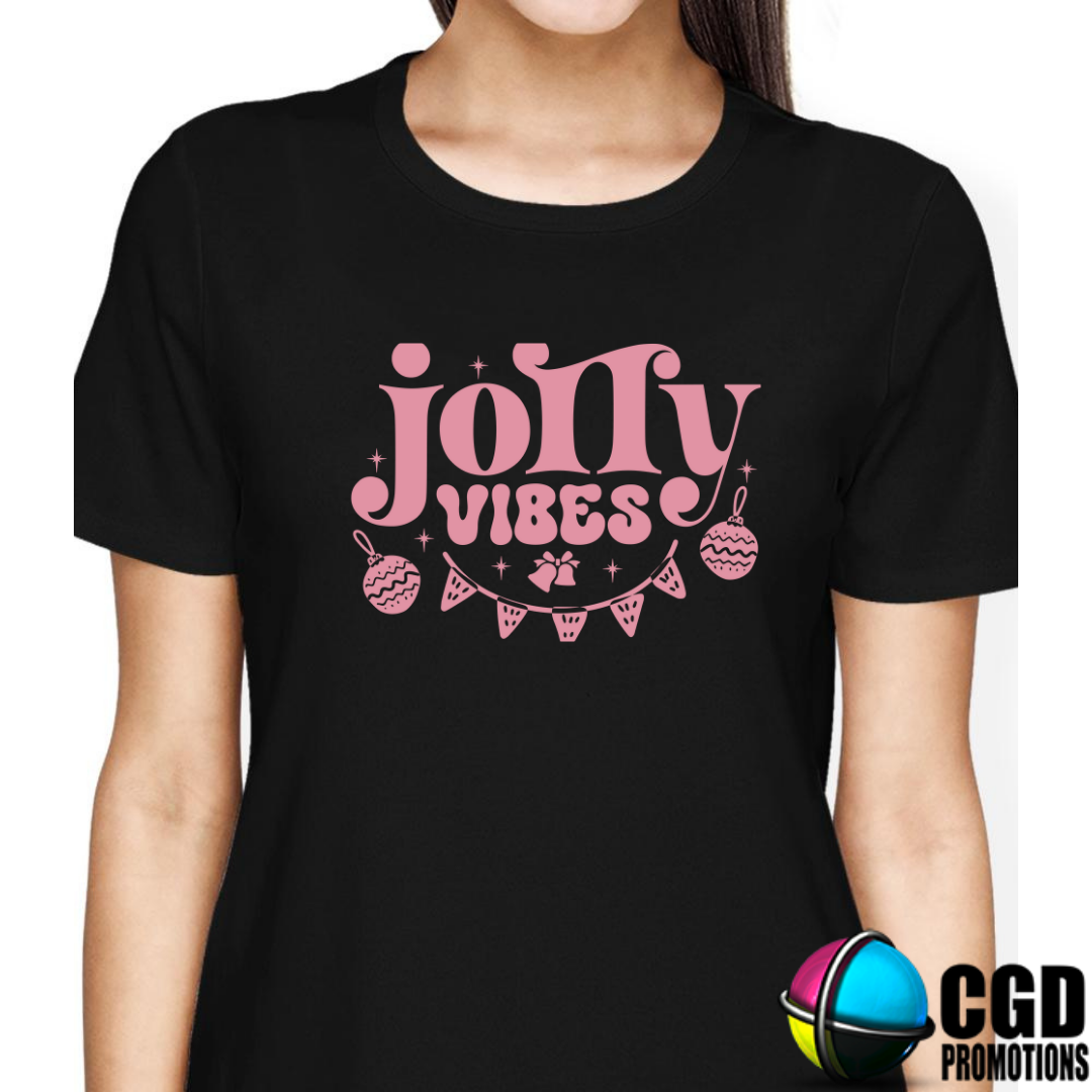 Jolly Vibes Pink Printed Wording Print Adult Christms Printed Shirt - Unisex Mens & Ladies Fitted