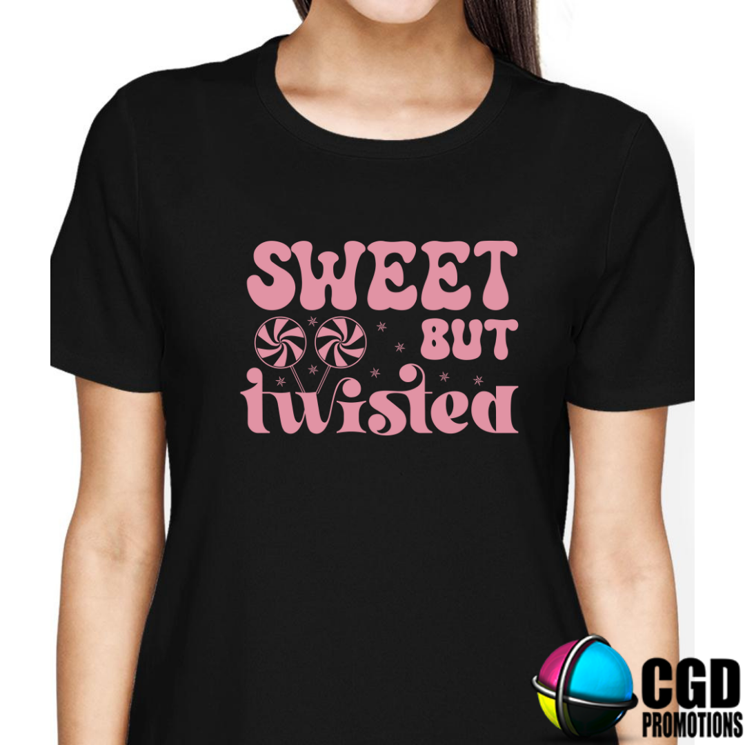 Sweet But Twisted Pink Printed Wording Print Adult Christms Printed Shirt - Unisex Mens & Ladies Fitted