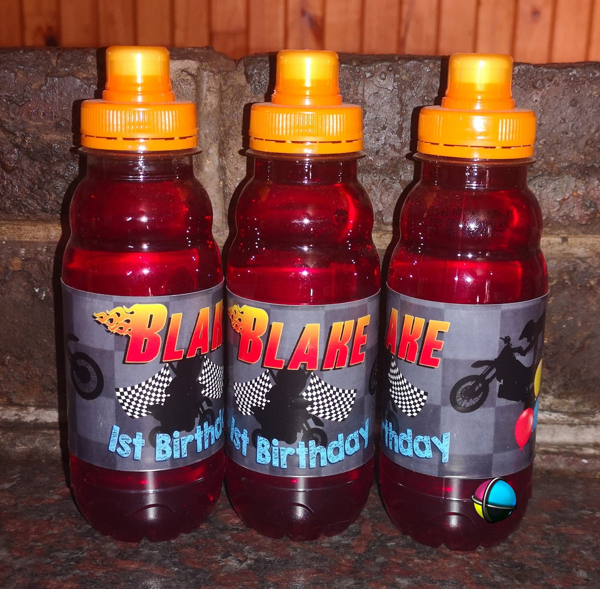 Custom Oros bottle label with personalised name and party theme